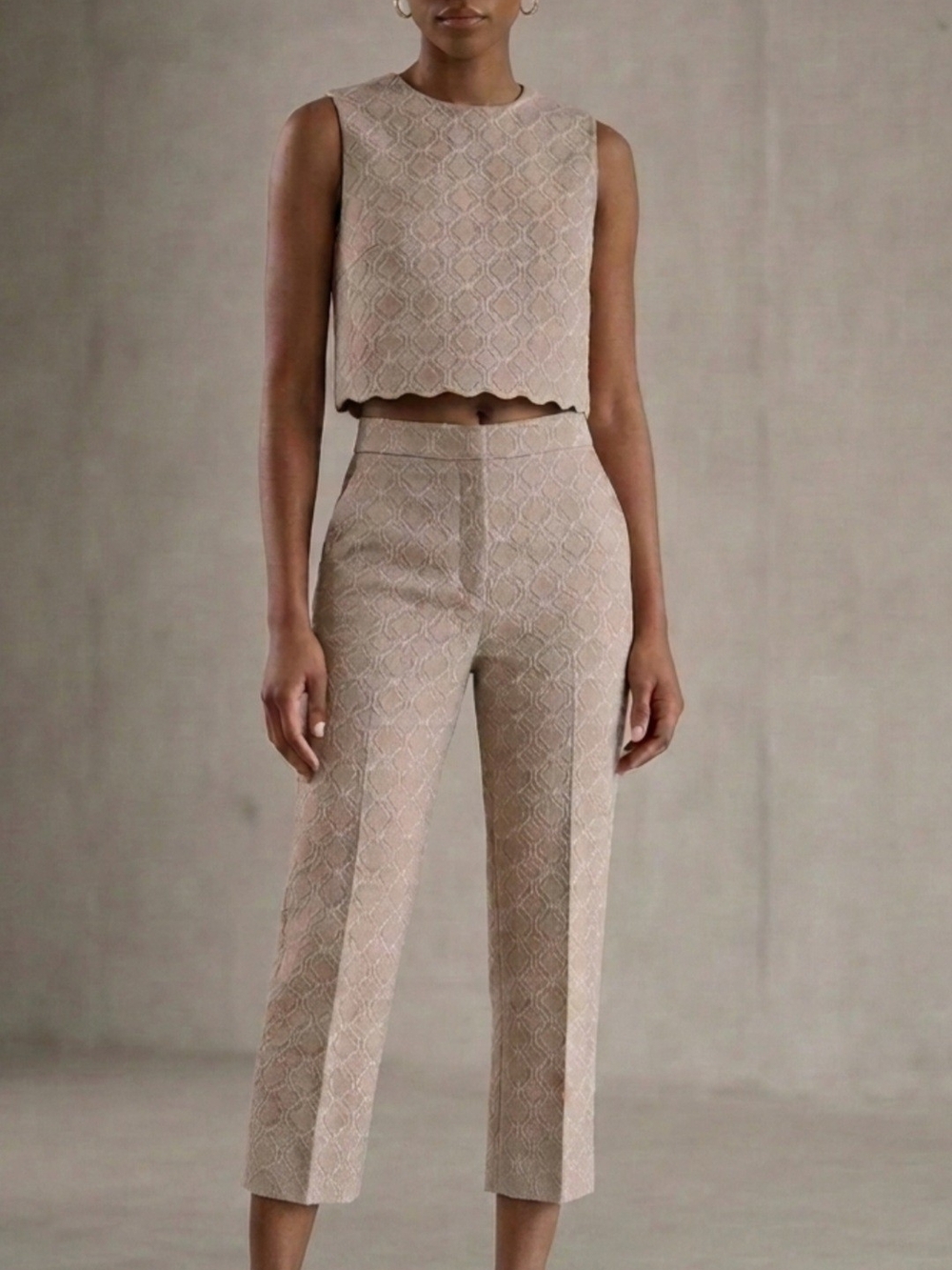 Taupe Cropped  Tailored Trousers And Maching Top
